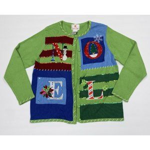 quacker factory christmas noel cardigan sweater green large